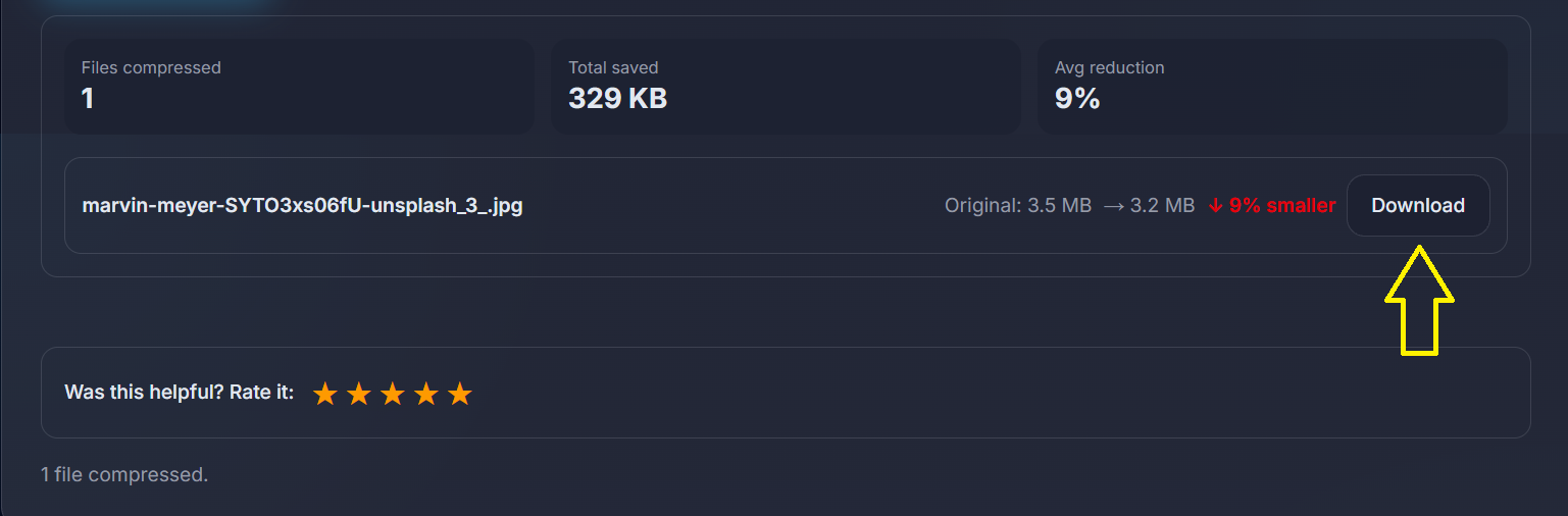 Download compressed image and view file size reduction percentage online